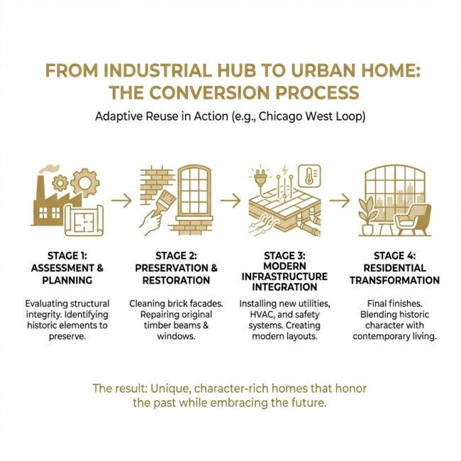 Infographic explaining the process of converting industrial buildings into residential apartments - Chicago west loop apartments infographic 